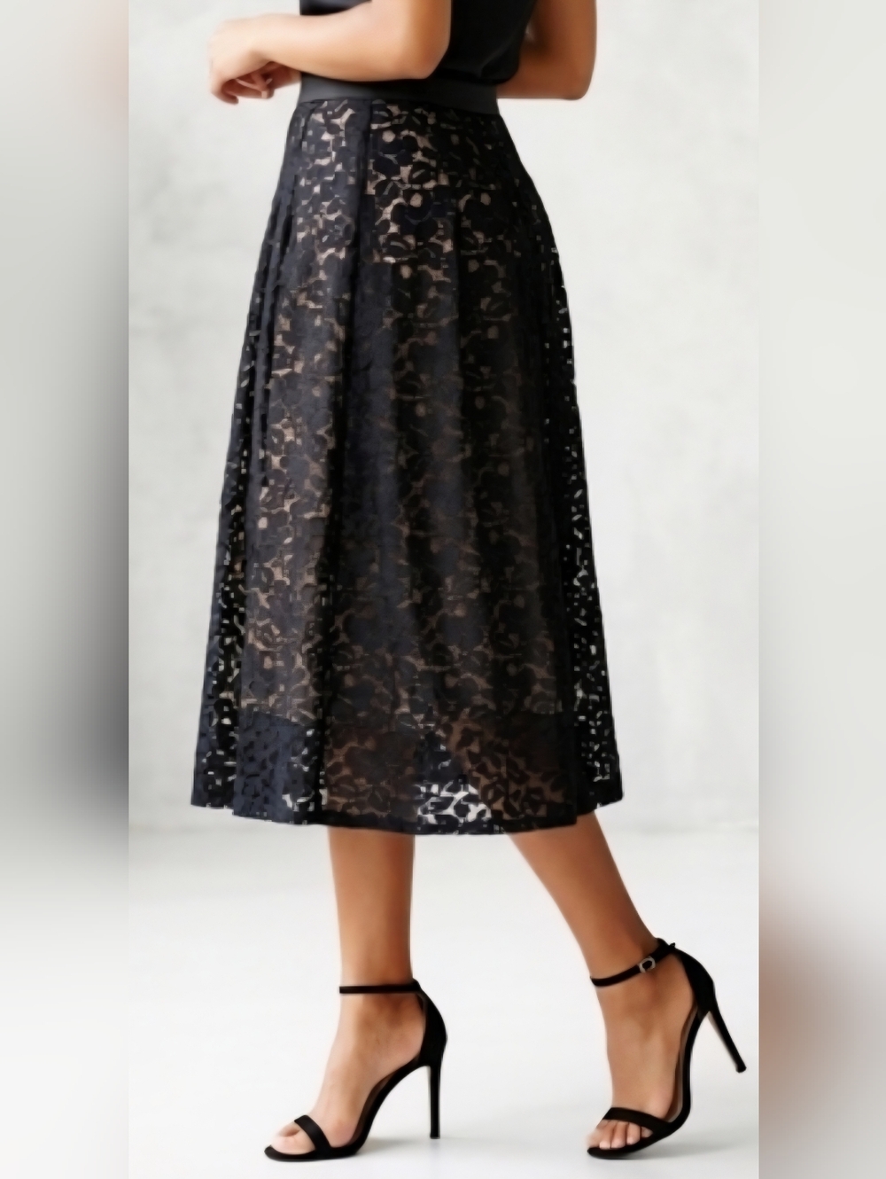 Talbots Black Lace Midi Skirt Lined Feminine Classic Elegant Boho Romantic Girly